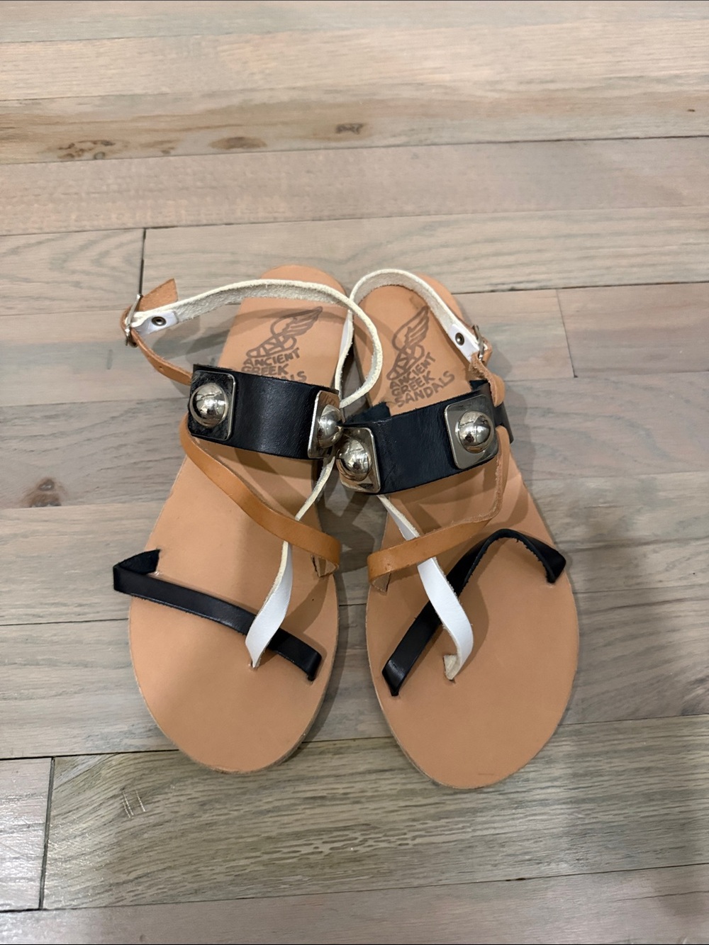 Ancient Greek Sandals Black, White & Tan Leather Strappy Gladiator Sandals